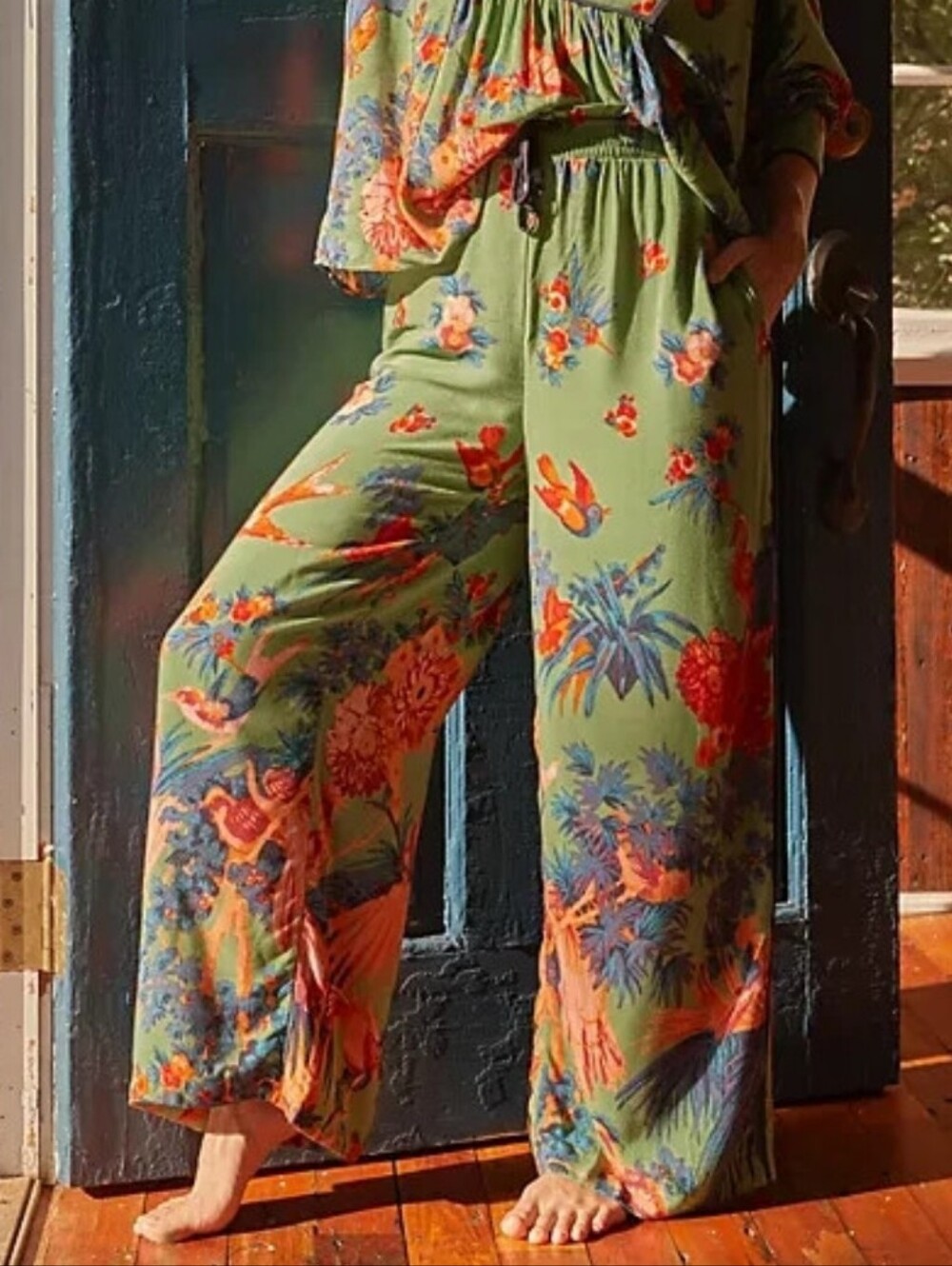 Anthropologie M Lively Sleep Pants Pajamas Lounge Hummingbirds Birds Green Pant